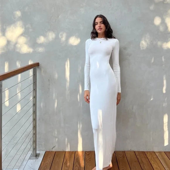 NWT SKIMS soft lounge crew neck long dress 4X in marble white - Picture 3 of 8